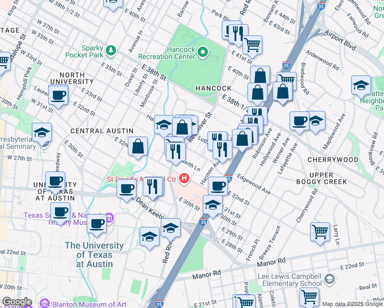 map of restaurants, bars, coffee shops, grocery stores, and more near 907 Duncan Lane in Austin