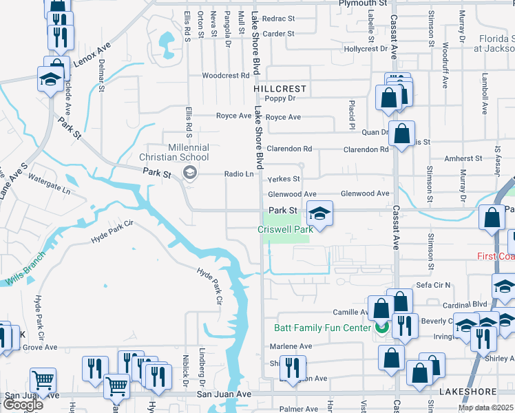 map of restaurants, bars, coffee shops, grocery stores, and more near 1540 Lake Shore Boulevard in Jacksonville