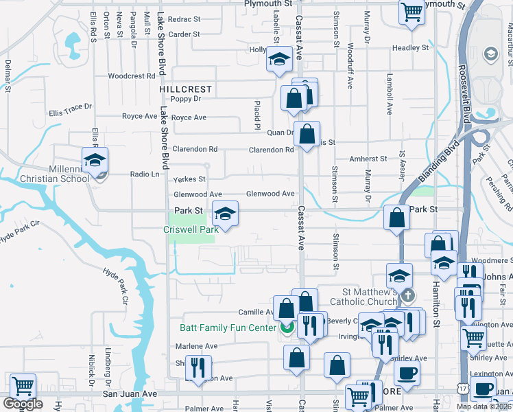 map of restaurants, bars, coffee shops, grocery stores, and more near 5144 Glenwood Avenue in Jacksonville