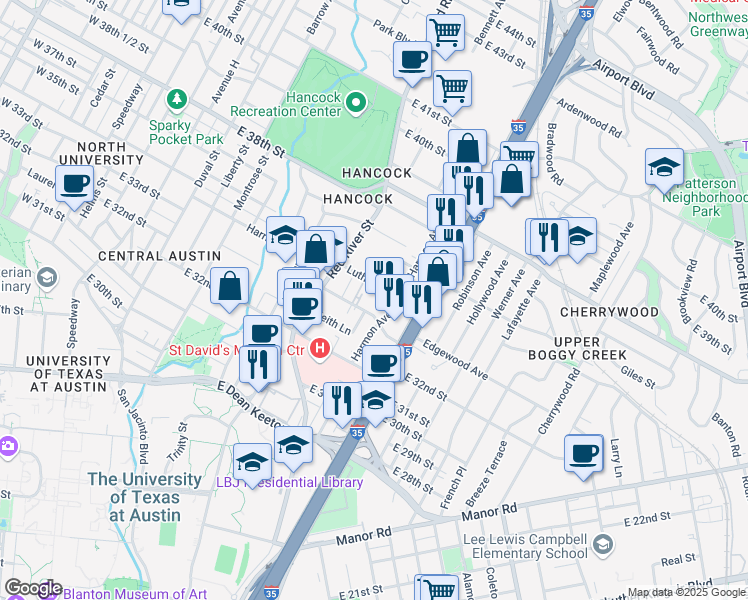 map of restaurants, bars, coffee shops, grocery stores, and more near 921 Luther Lane in Austin