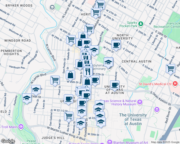 map of restaurants, bars, coffee shops, grocery stores, and more near Guadalupe Street & Hemphill Park in Austin