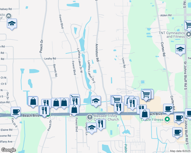 map of restaurants, bars, coffee shops, grocery stores, and more near 2955 Lantana Lakes Drive East in Jacksonville