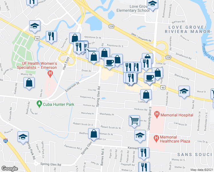 map of restaurants, bars, coffee shops, grocery stores, and more near 5432 Sharon Terrace in Jacksonville