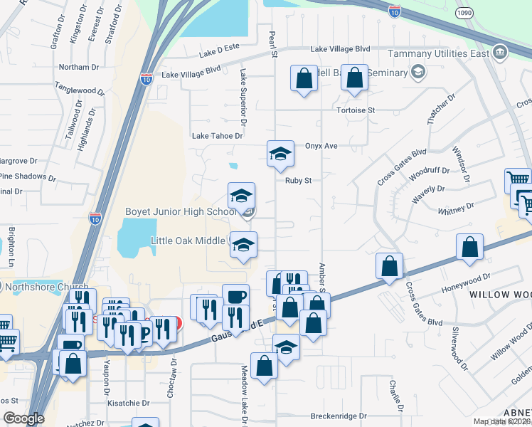 map of restaurants, bars, coffee shops, grocery stores, and more near 39545 Stone Street in Slidell