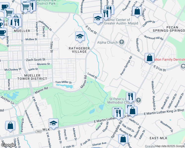 map of restaurants, bars, coffee shops, grocery stores, and more near 4605A Chartwell Drive in Austin