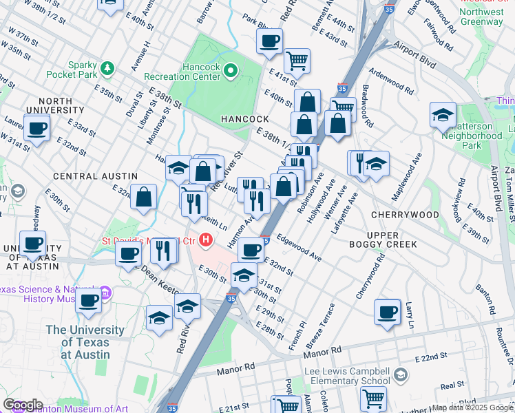 map of restaurants, bars, coffee shops, grocery stores, and more near 921 Luther Lane in Austin
