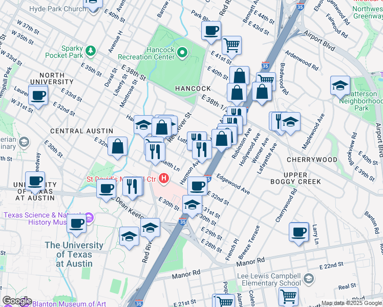 map of restaurants, bars, coffee shops, grocery stores, and more near 921 Luther Lane in Austin