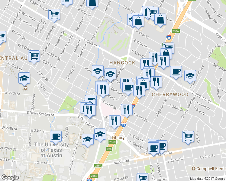 map of restaurants, bars, coffee shops, grocery stores, and more near 908 Duncan Lane in Austin