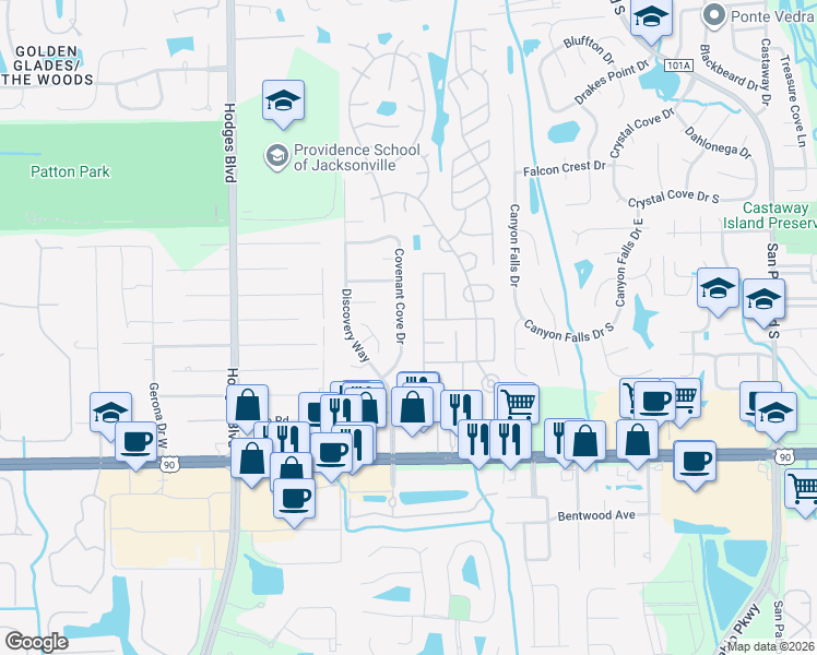 map of restaurants, bars, coffee shops, grocery stores, and more near 2999 Calder Drive in Jacksonville