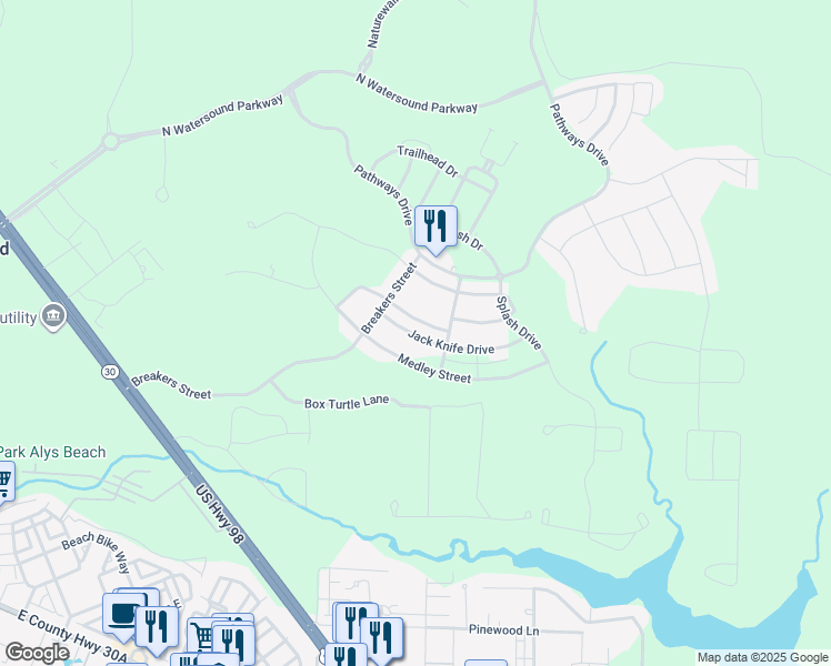 map of restaurants, bars, coffee shops, grocery stores, and more near 27 Jack Knife Drive in Panama City Beach
