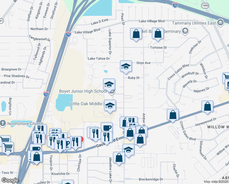 map of restaurants, bars, coffee shops, grocery stores, and more near 39545 Stone Street in Slidell