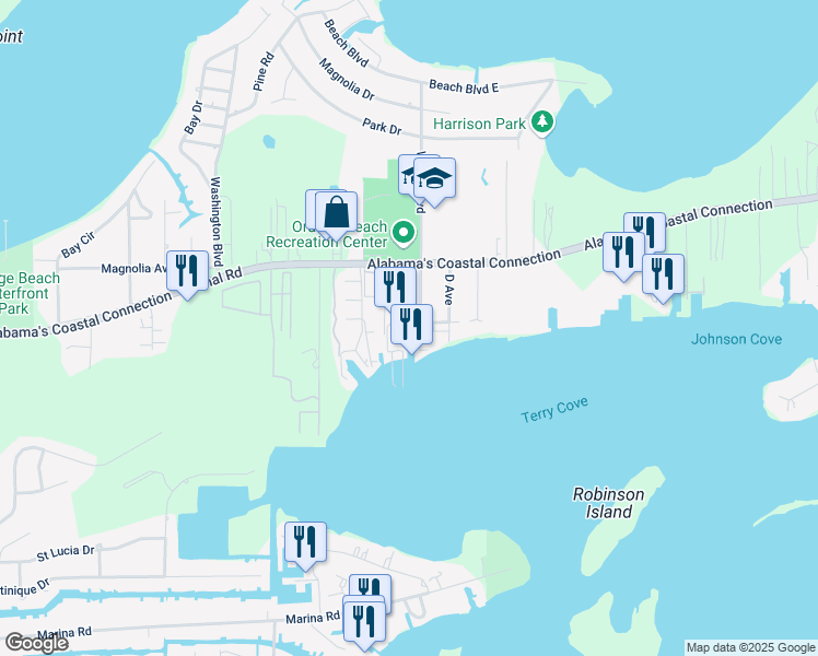 map of restaurants, bars, coffee shops, grocery stores, and more near 4575 South Wilson Boulevard in Orange Beach