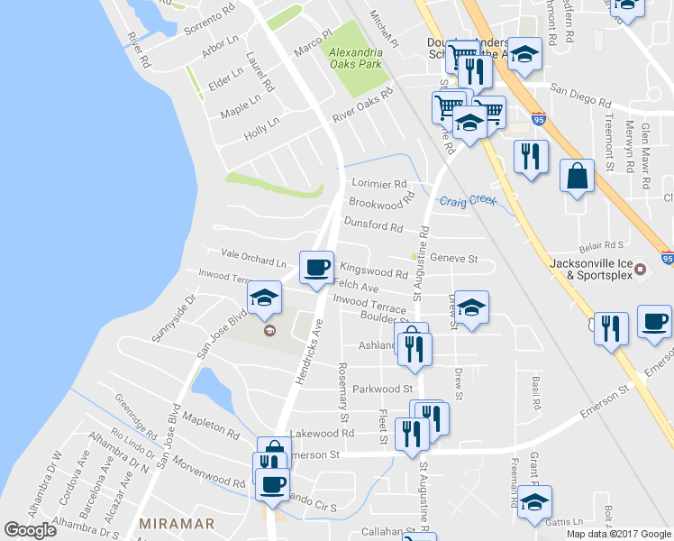 map of restaurants, bars, coffee shops, grocery stores, and more near 1514 Kingswood Road in Jacksonville