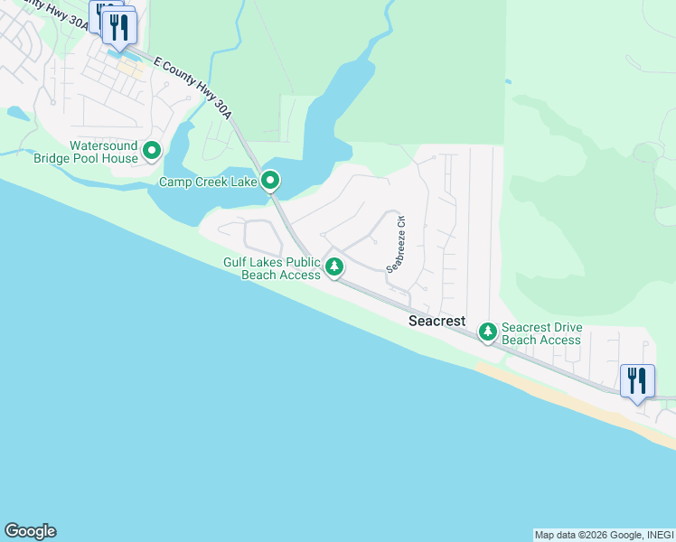 map of restaurants, bars, coffee shops, grocery stores, and more near 56 Seabreeze Circle in Seacrest