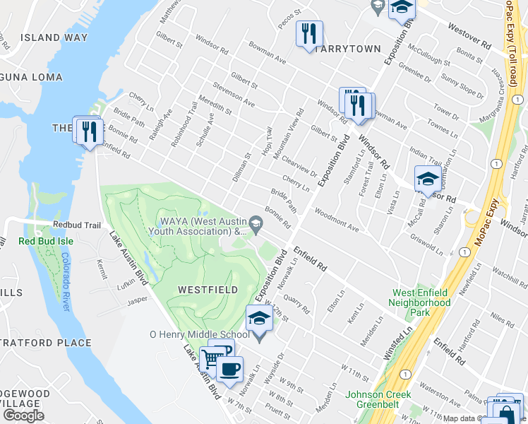map of restaurants, bars, coffee shops, grocery stores, and more near 2809 Bonnie Road in Austin