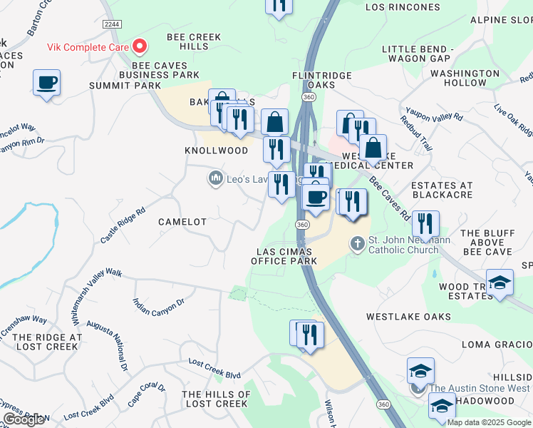 map of restaurants, bars, coffee shops, grocery stores, and more near 807 Castle Ridge Road in Austin