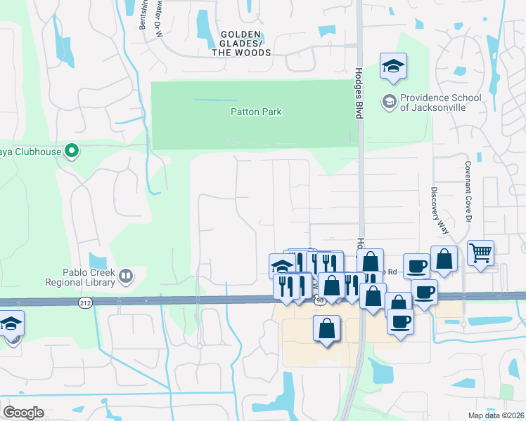 map of restaurants, bars, coffee shops, grocery stores, and more near 2990 Brougham in Jacksonville