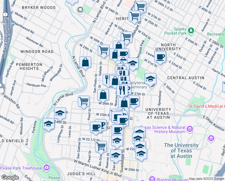 map of restaurants, bars, coffee shops, grocery stores, and more near 2700 Nueces Street in Austin
