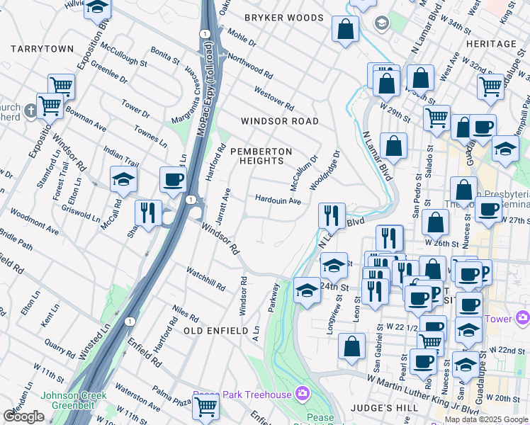 map of restaurants, bars, coffee shops, grocery stores, and more near 1500 Wooldridge Drive in Austin