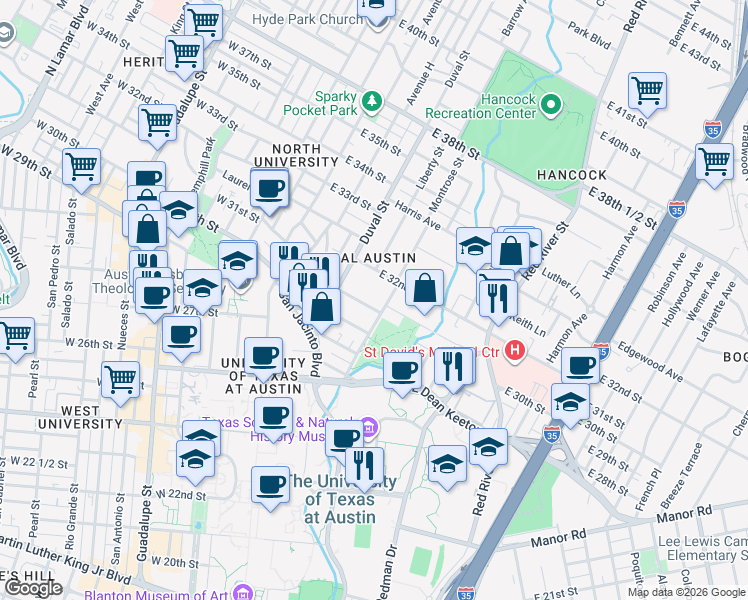 map of restaurants, bars, coffee shops, grocery stores, and more near 606 Rathervue Place in Austin