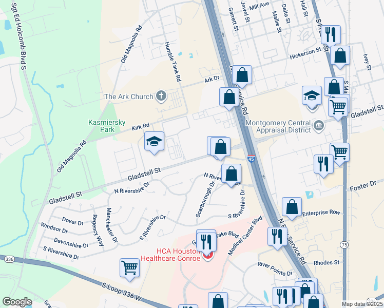 map of restaurants, bars, coffee shops, grocery stores, and more near 804 Gladstell Street in Conroe