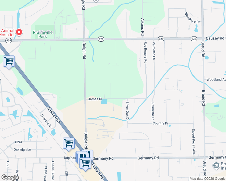 map of restaurants, bars, coffee shops, grocery stores, and more near 39124 James Drive in Prairieville