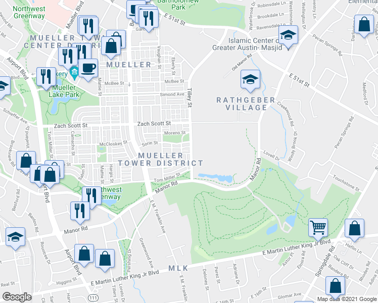 map of restaurants, bars, coffee shops, grocery stores, and more near 4002 Tilley Street in Austin