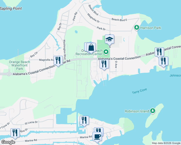 map of restaurants, bars, coffee shops, grocery stores, and more near 4441-4555 Captain Trent Lane in Orange Beach