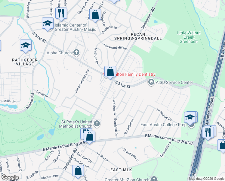 map of restaurants, bars, coffee shops, grocery stores, and more near 4508 Night Owl Lane in Austin