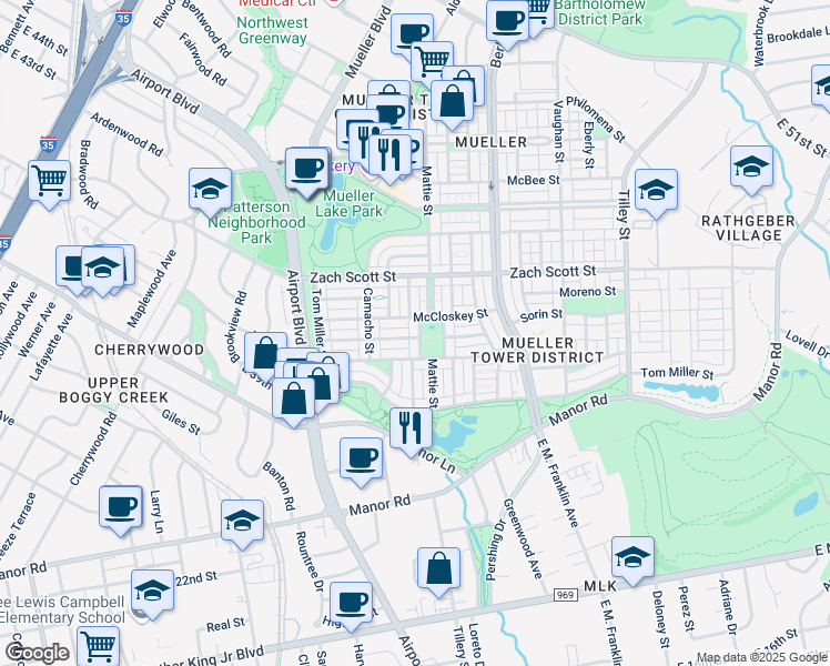 map of restaurants, bars, coffee shops, grocery stores, and more near 2025 McCloskey Street in Austin