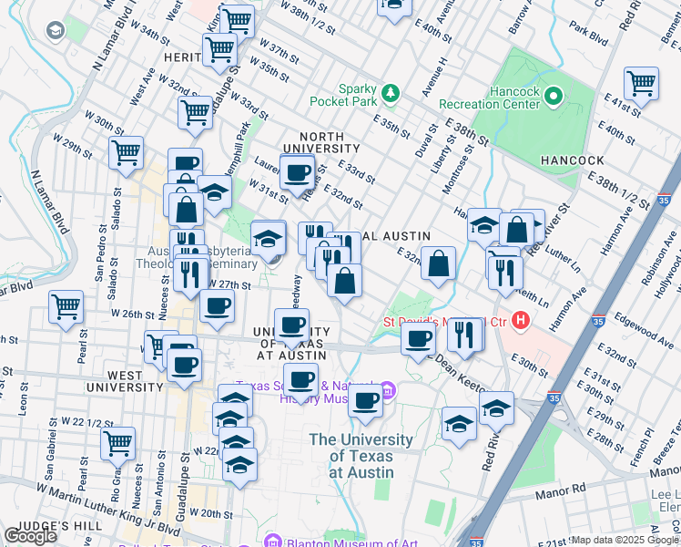 map of restaurants, bars, coffee shops, grocery stores, and more near 3006 Duval Street in Austin