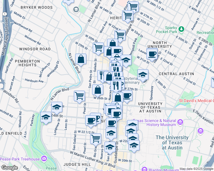 map of restaurants, bars, coffee shops, grocery stores, and more near 101 Nueces Street in Austin