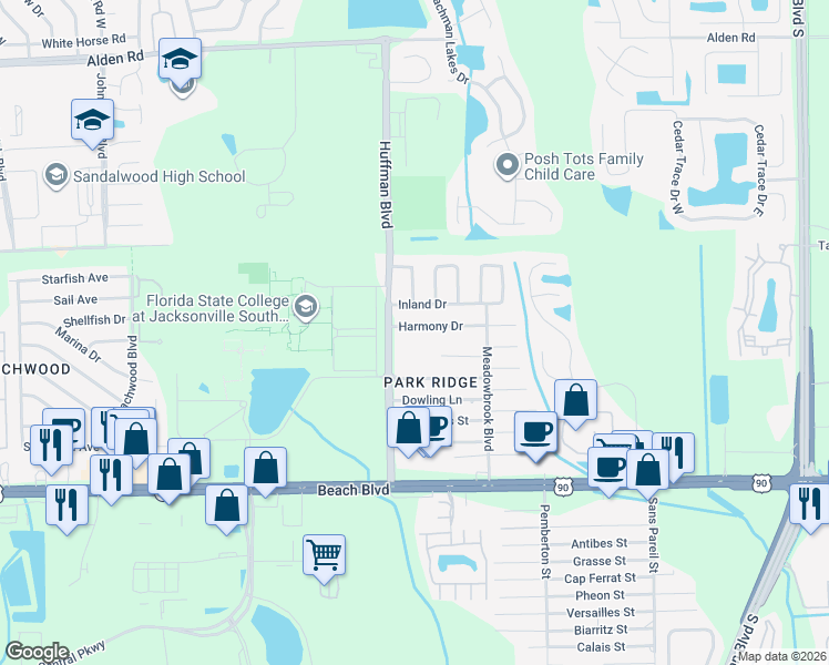 map of restaurants, bars, coffee shops, grocery stores, and more near 11920 Harmony Drive in Jacksonville