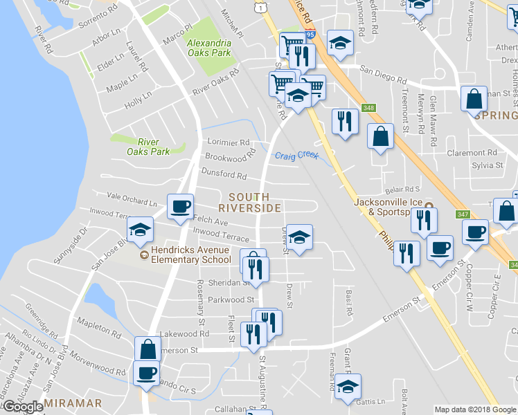 map of restaurants, bars, coffee shops, grocery stores, and more near 3348 Saint Augustine Road in Jacksonville