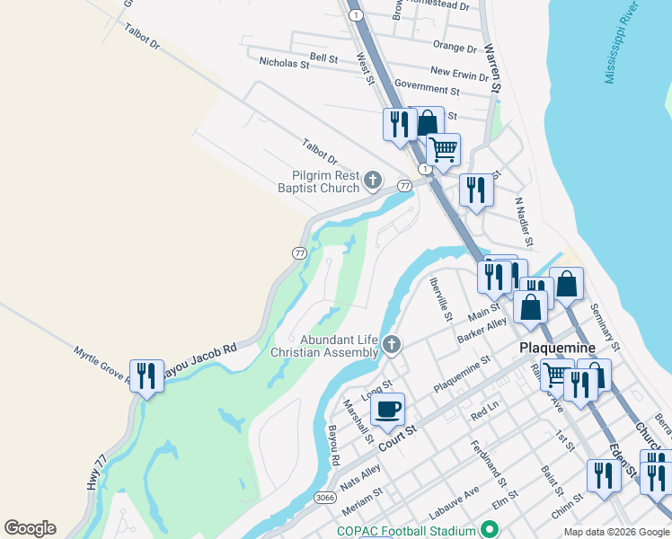 map of restaurants, bars, coffee shops, grocery stores, and more near 58415 Village Court in Plaquemine