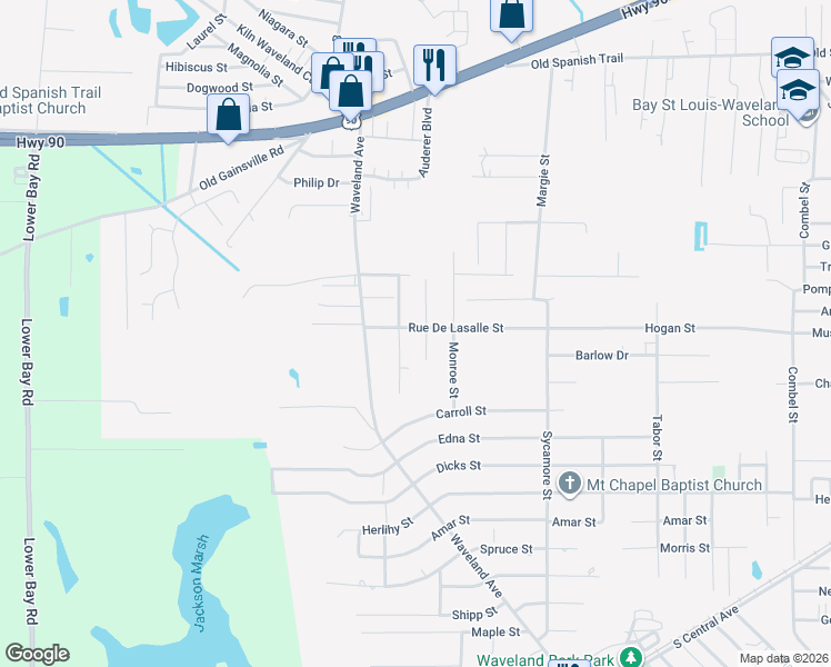map of restaurants, bars, coffee shops, grocery stores, and more near 903 Rue De Lasalle Street in Waveland