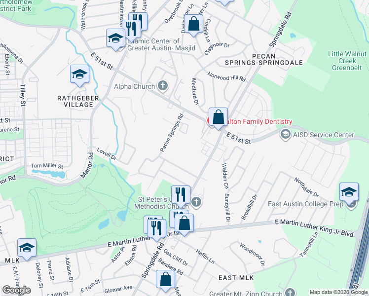 map of restaurants, bars, coffee shops, grocery stores, and more near 4809 Pecan Springs Road in Austin