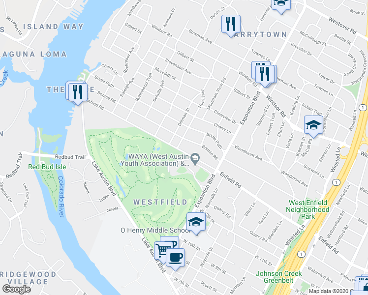 map of restaurants, bars, coffee shops, grocery stores, and more near 3002 Enfield Road in Austin