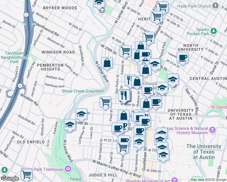 map of restaurants, bars, coffee shops, grocery stores, and more near 2612 San Pedro Street in Austin