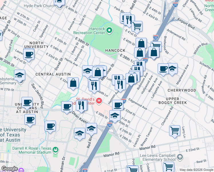 map of restaurants, bars, coffee shops, grocery stores, and more near 910 Duncan Lane in Austin