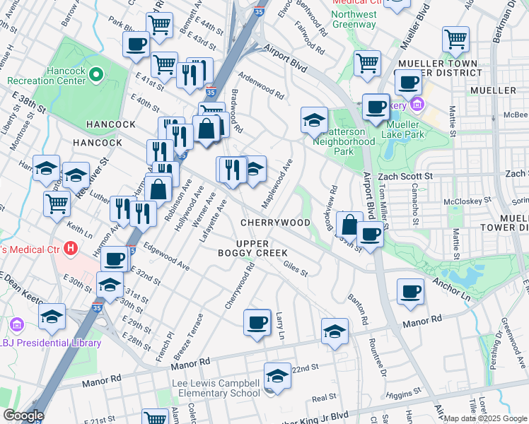 map of restaurants, bars, coffee shops, grocery stores, and more near 3809a Maplewood Avenue in Austin