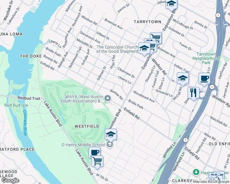 map of restaurants, bars, coffee shops, grocery stores, and more near 2804 Bonnie Rd in Austin