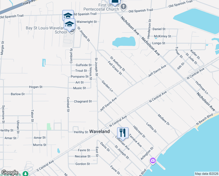 map of restaurants, bars, coffee shops, grocery stores, and more near 520 Garden Lane in Waveland