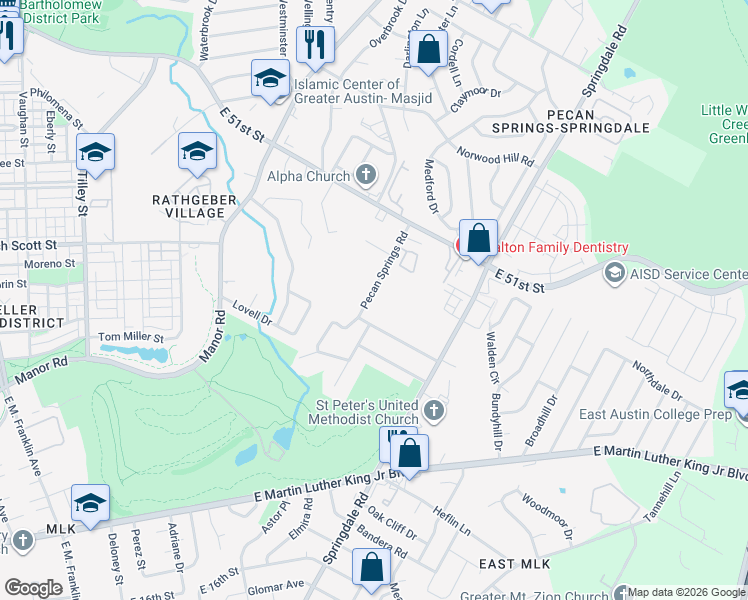 map of restaurants, bars, coffee shops, grocery stores, and more near 4709 Pecan Springs Road in Austin