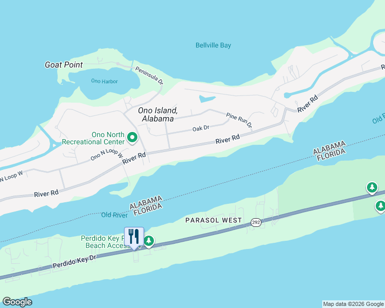 map of restaurants, bars, coffee shops, grocery stores, and more near 31220 River Rd in Orange Beach