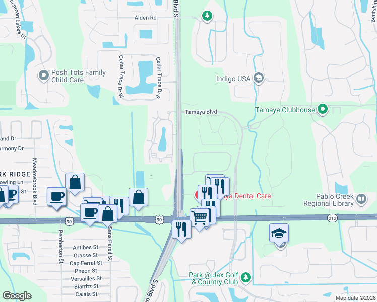 map of restaurants, bars, coffee shops, grocery stores, and more near 12868 Josslyn Lane in Jacksonville