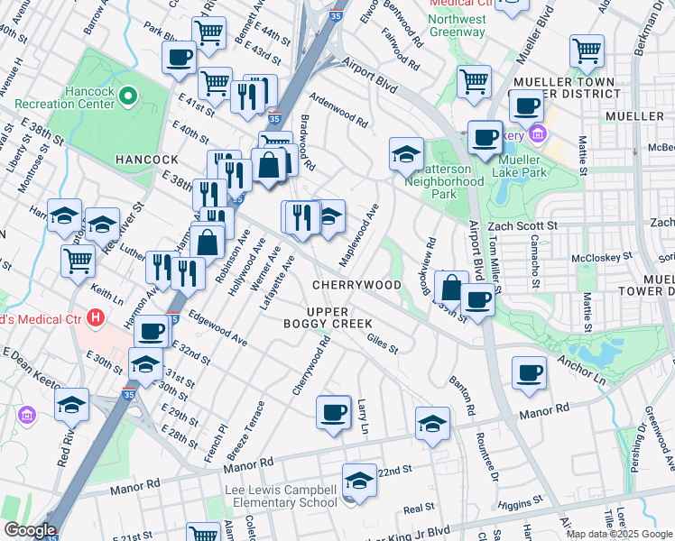 map of restaurants, bars, coffee shops, grocery stores, and more near 3808 Maplewood Avenue in Austin