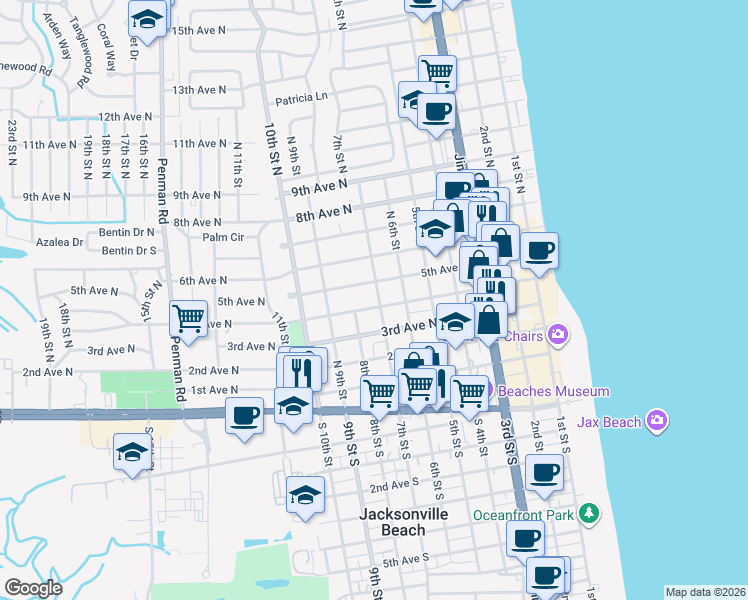 map of restaurants, bars, coffee shops, grocery stores, and more near 703 4th Avenue North in Jacksonville Beach