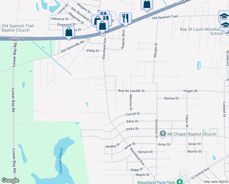 map of restaurants, bars, coffee shops, grocery stores, and more near 903 Rue De Lasalle Street in Waveland