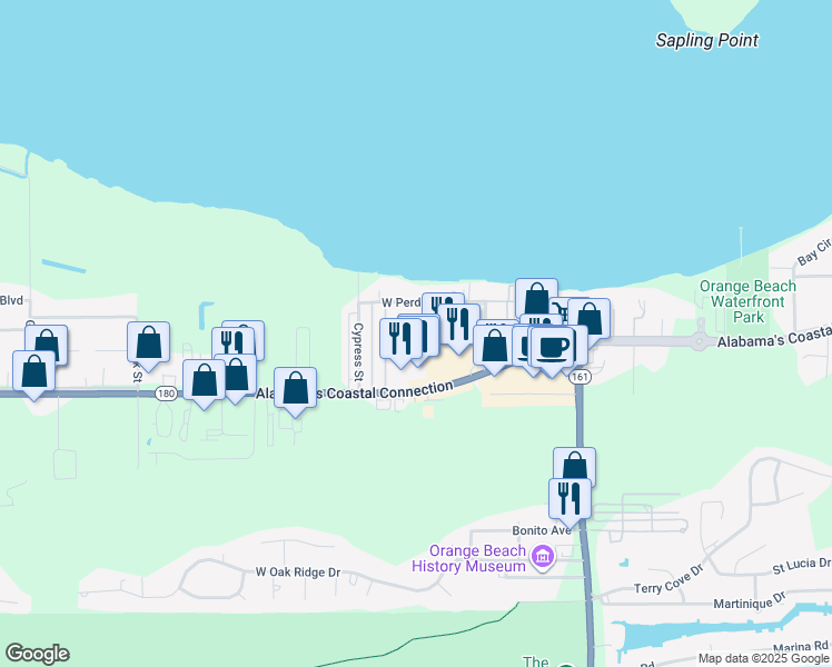 map of restaurants, bars, coffee shops, grocery stores, and more near 25624 West Perdido Avenue in Orange Beach